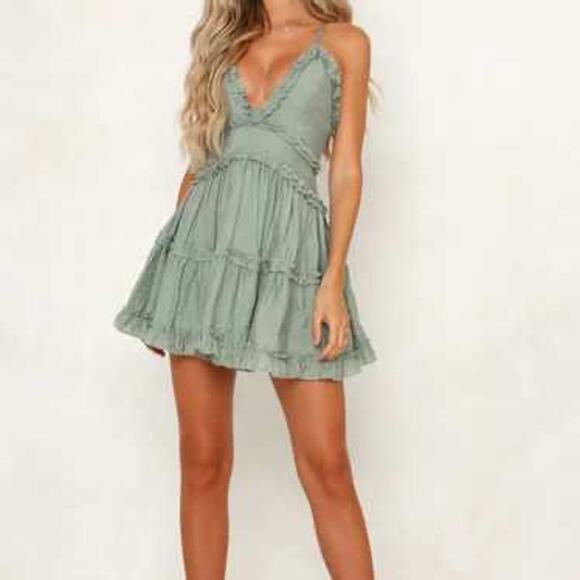 Angel Biba Mini Ruffle Dress Backless in Sage Green Size Medium - Picture 1 of 8